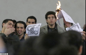 Students protesting Iranian President Ahmadinejad at Amir Kabir University in Tehran.
