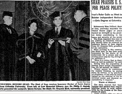 The Shah of Iran receiving an honorary doctoral degree from Columbia University.
