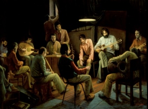 A painting by Iranian painter Iman Maleki of a group of Iranian men enjoying some setar, tar, oud, and ney music. Please see the link at the end of this 'Window' for more of his fantastic paintings.
